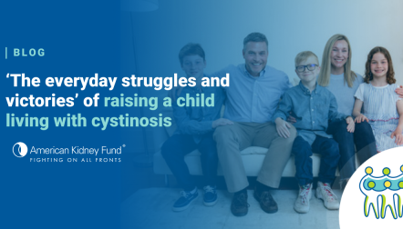 Leininger family sitting on a couch with blue text overlay, "'The everyday struggles and victories' of raising a child living with cystinosis"